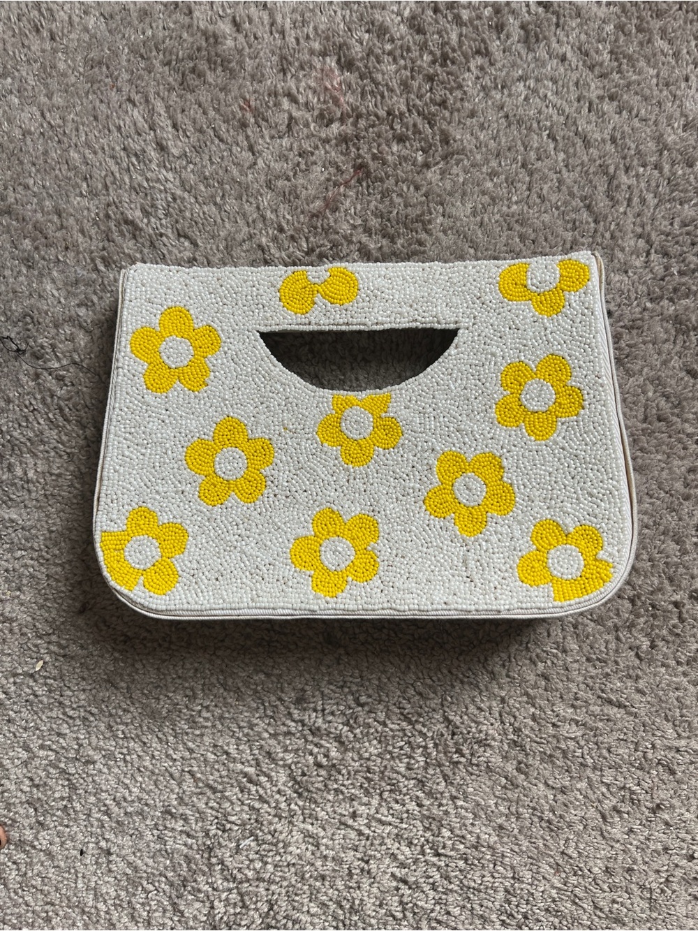 Beaded Floral Cutout Handle Clutch - Yellow Floral on White